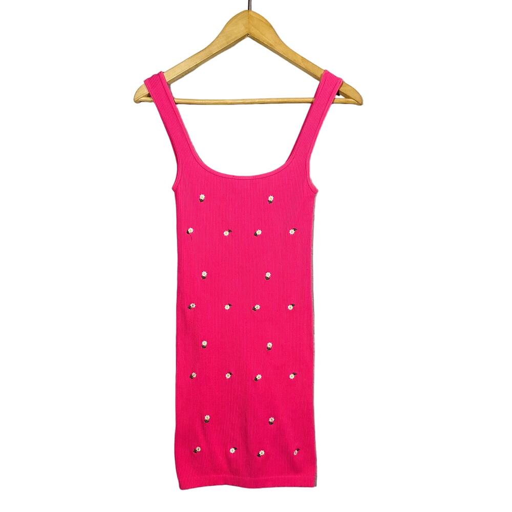 NEW! Zara Ribbed Tank Floral Embroider Pink Sleeveless Top Casual - XS
